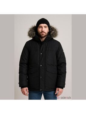 Point Zero Black Puffer Jacket Men's Small Faux Fur Hood Winter Coat